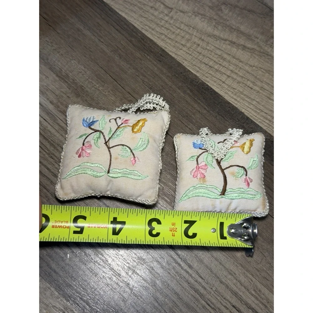 Vintage Handmade Miniature Embroidered Floral Pillows 3x3 Set of 2 Ornament
